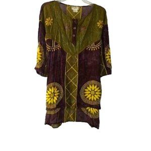 Vintage Tan Chho Olive Boho Chic Medallion Floral Tie Waist Tunic